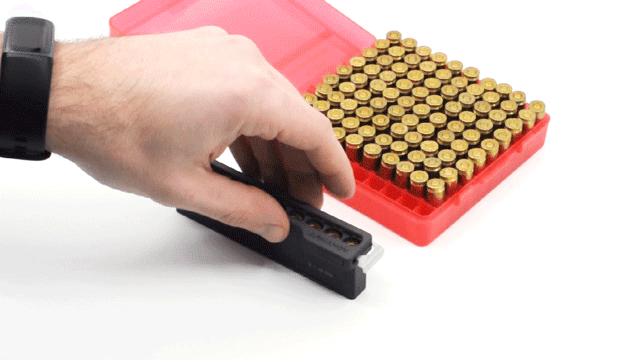 With our spring-loaded mechanism, you can quickly transfer 10 rounds at a time to your ammo box thanks to cutouts in the sheet metal plate that hold your ammunition by the case extractor grooves.